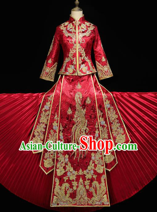 Chinese Bride Toast Costumes Traditional Embroidered Red Xiuhe Suit Wedding Diamante Golden Phoenix Outfits Clothing