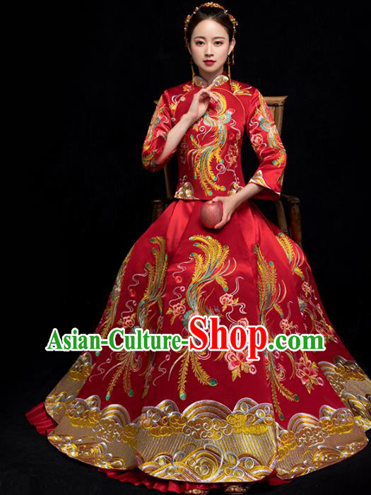 Chinese Embroidery Phoenix Peony Red Outfits Ancient Bride Costumes Traditional Xiuhe Suit Wedding Toast Clothing
