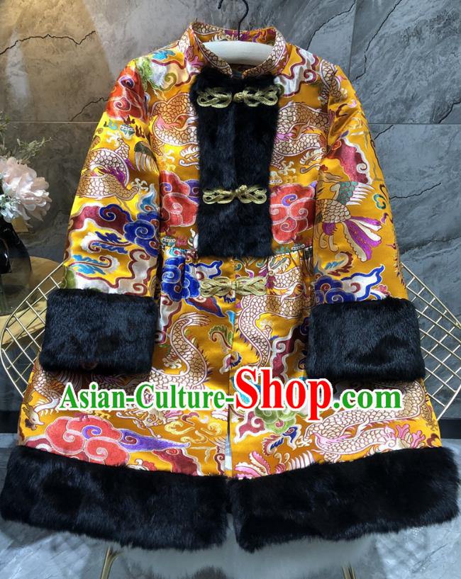 China Woman Classical Dragon Pattern Golden Brocade Jacket Traditional Tang Suit Cotton Padded Coat