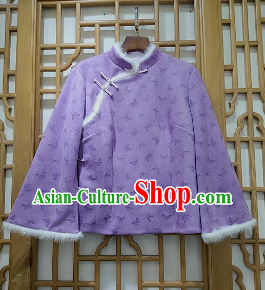China Woman Classical Butterfly Pattern Lilac Brocade Jacket Traditional Tang Suit Winter Cotton Padded Coat