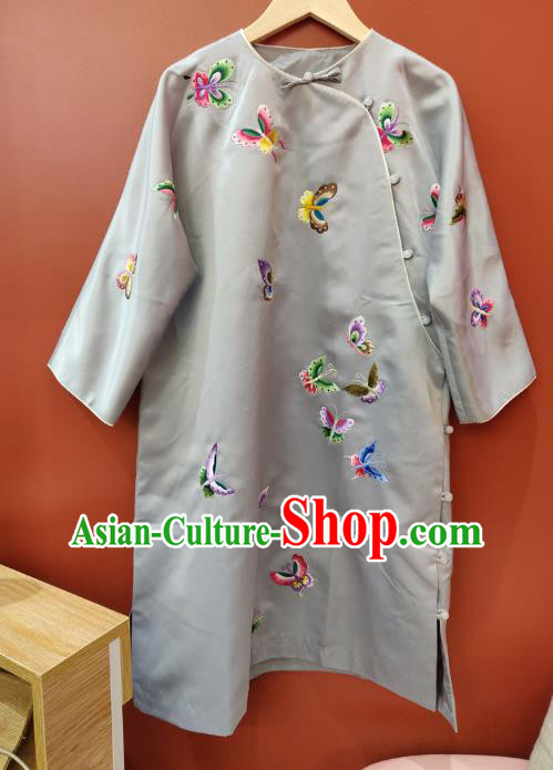 Chinese National Women Clothing Traditional Embroidered Butterfly Grey Silk Cheongsam Classical Qipao Dress
