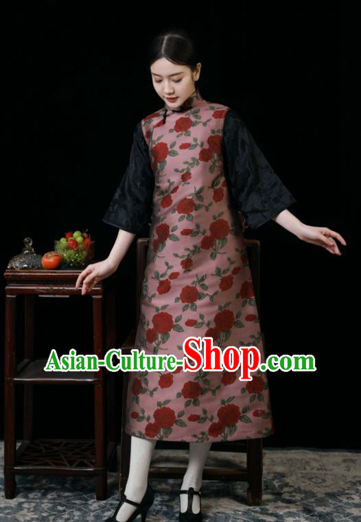 Chinese Classical Deep Pink Long Vest Dress National Cheongsam Traditional Women Clothing