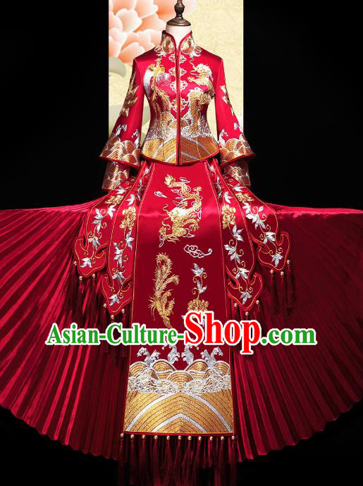 Chinese Traditional Embroidery Dragon Phoenix Red Xiuhe Suit Wedding Toast Outfits Clothing Bride Costumes