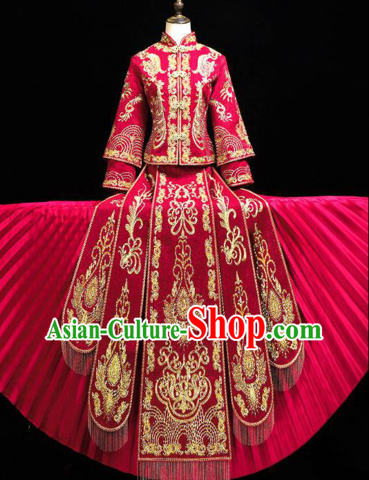 Chinese Ancient Bride Costumes Traditional Embroidery Red Xiuhe Suit Wedding Toast Outfits Clothing