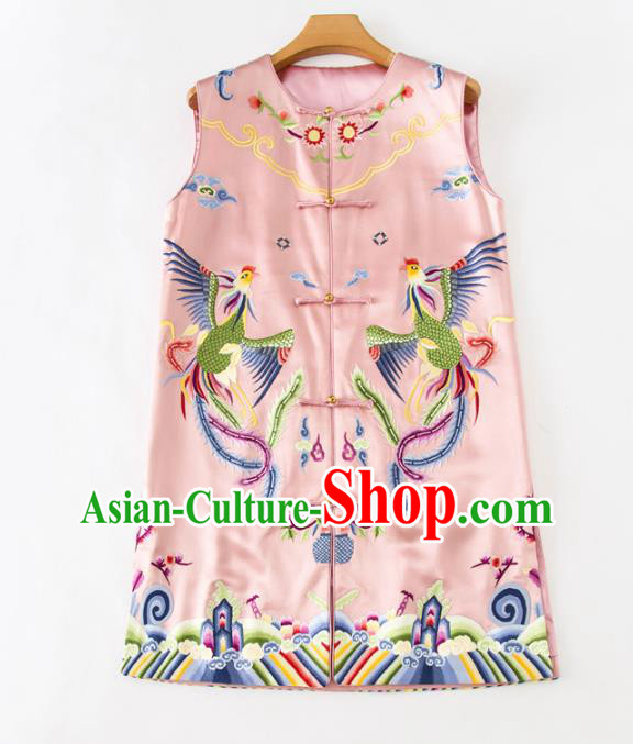 Chinese Embroidered Phoenix Pink Silk Vest National Women Clothing Tang Suit Waistcoat
