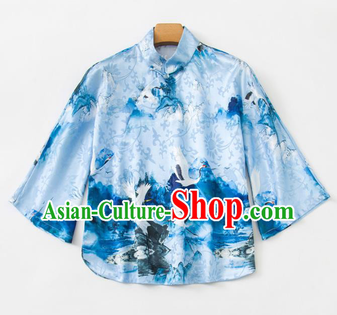 China Woman Printing Crane Blue Silk Shirt Upper Outer Garment Traditional Tang Suit Blouse