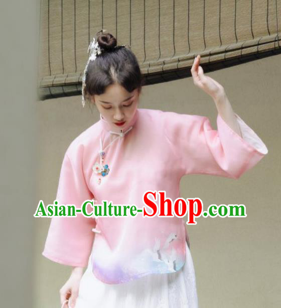 China Cheongsam Upper Outer Garment Tang Suit Blouse Clothing Classical Pink Chiffon Shirt