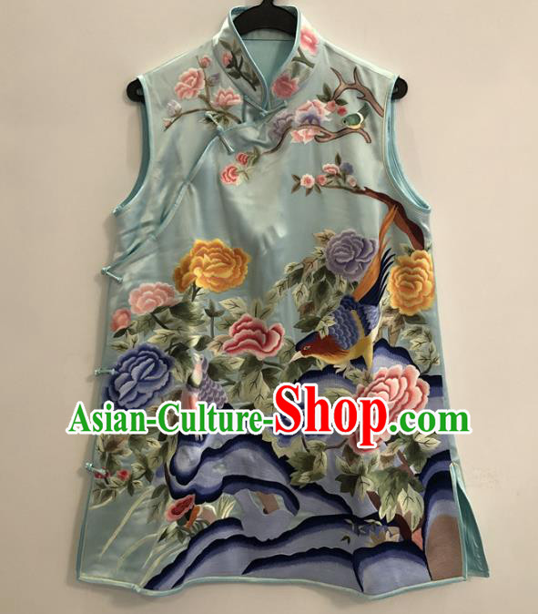 Chinese Embroidered Peony Vest National Women Clothing Tang Suit Upper Outer Garment Blue Silk Waistcoat