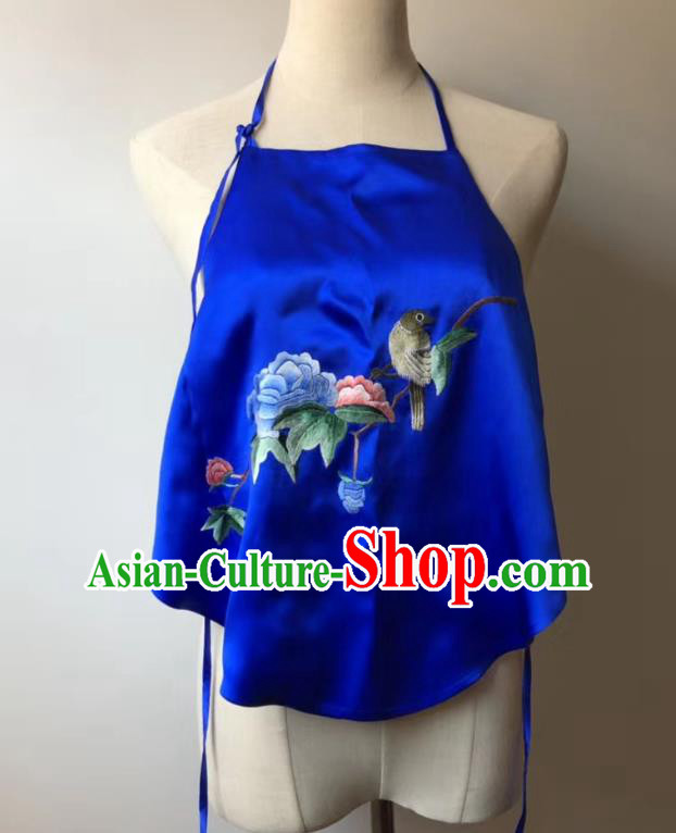 Chinese National Women Stomachers Tang Suit Underwear Embroidered Peony Bird Royalblue Silk Bellyband
