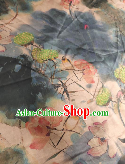 China Traditional Ink Painting Lotus Gambiered Guangdong Gauze Cheongsam Satin Fabric Classical Silk Cloth