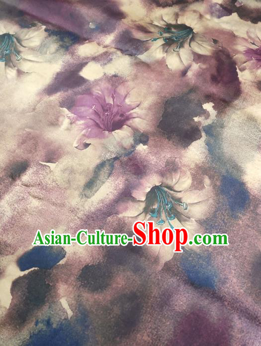 China Traditional Lily Flowers Pattern Gambiered Guangdong Gauze Cheongsam Satin Fabric Classical Purple Silk Cloth