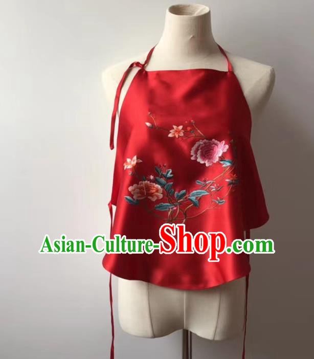 Chinese National Women Wedding Stomachers Tang Suit Undergarment Embroidered Peony Red Silk Bellyband
