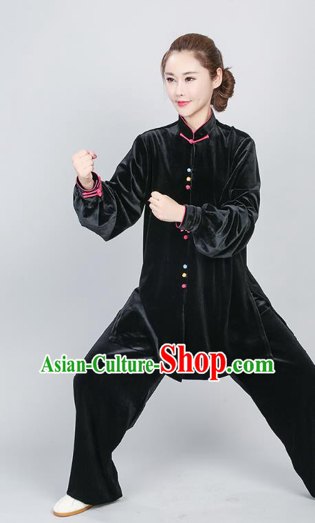 China Martial Arts Competition Black Pleuche Uniforms Traditional Kung Fu Clothing Tai Chi Training Costumes