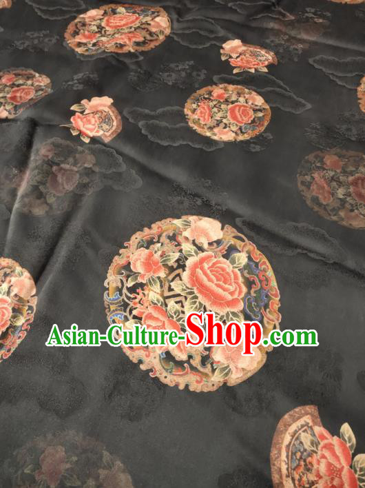 China Traditional Round Peony Pattern Gambiered Guangdong Gauze Cheongsam Satin Fabric Classical Black Silk Cloth