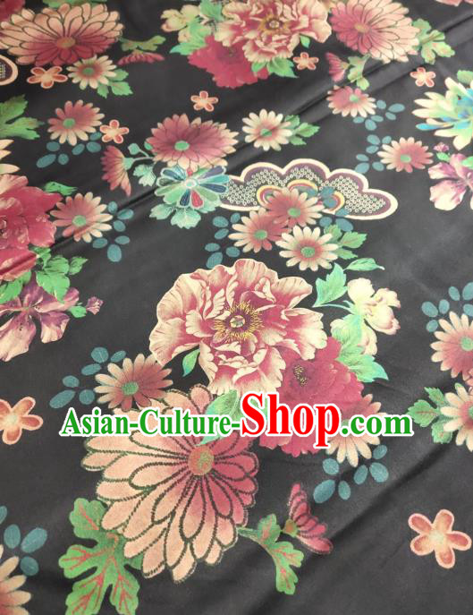 China Cheongsam Gambiered Guangdong Gauze Traditional Silk Fabric Classical Chrysanthemum Pattern Black Satin Cloth