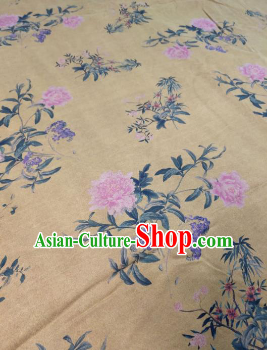 China Classical Peony Pattern Yellow Satin Cloth Cheongsam Gambiered Guangdong Gauze Traditional Silk Fabric