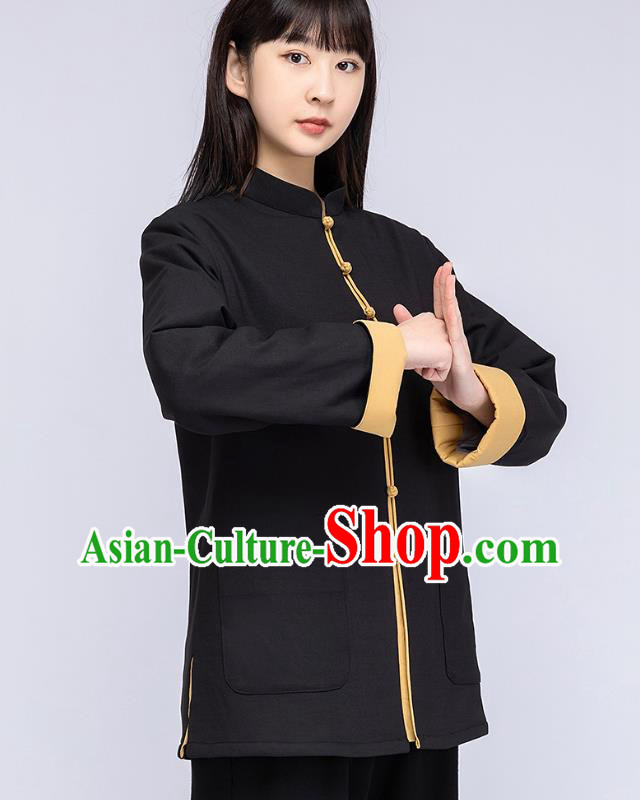 China Traditional Tai Chi Flax Winter Clothing Woman Tang Suit Black Cotton Padded Jacket
