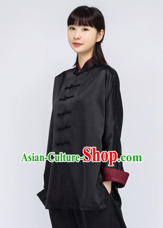 China Woman Kung Fu Black Silk Uniforms Traditional Martial Arts Competition Clothing