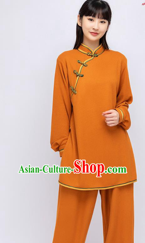 China Woman Tai Chi Orange Uniforms Traditional Kung Fu Performance Costumes Martial Arts Shirt and Pants