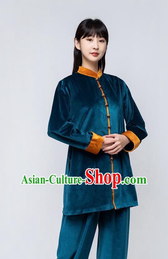 China Traditional Kung Fu Costumes Martial Arts Competition Clothing Woman Tai Chi Training Peacock Blue Pleuche Uniforms
