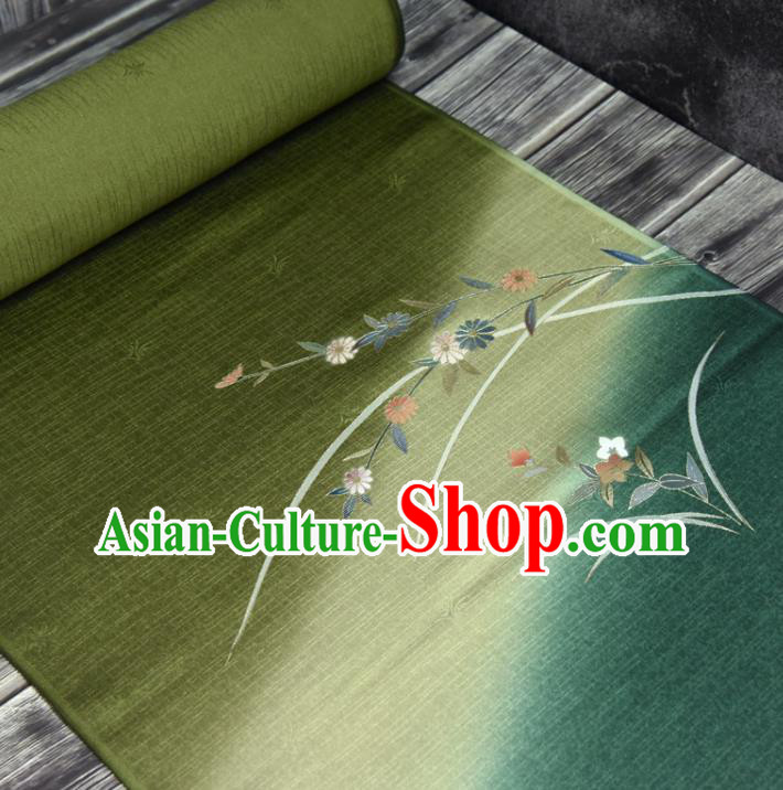 Asian Japan Chrysanthemum Orchids Pattern Brocade Tapestry Traditional Japanese Kimono Green Silk Fabric