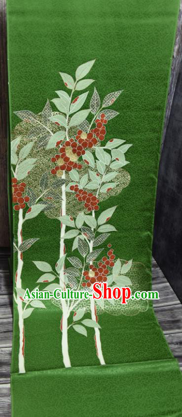 Japanese Kimono Green Silk Fabric Gold Blocking Leaf Pattern Qipao Dress Cloth