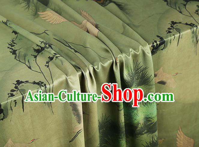Asian Traditional Cheongsam Brocade Gambiered Guangdong Gauze China Classical Pine Crane Pattern Green Silk Fabric