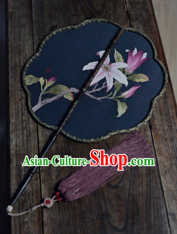 China Classical Dance Fan Chinese Handmade Mangnolia Painting Palace Fan Traditional Navy Silk Fan