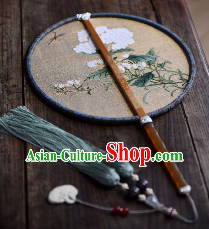China Handmade Hydrangea Painting Palace Fan Beige Silk Circular Fan Traditional Qing Dynasty Court Fan