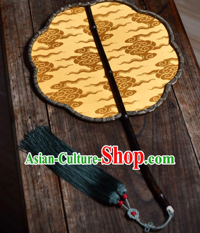 China Traditional Ming Dynasty Court Woman Fan Yellow Silk Fan Handmade Clouds Pattern Palace Fan