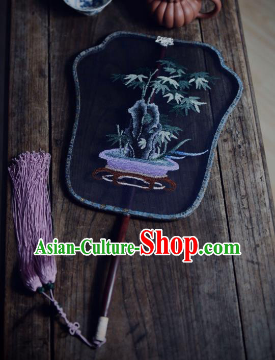 China Handmade Bamboo Stone Pattern Palace Fan Traditional Ming Dynasty Princess Fan Navy Silk Fan