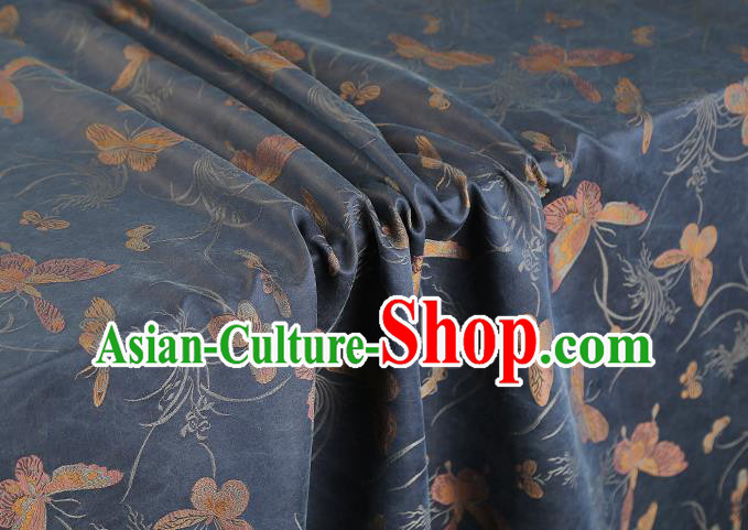 China Traditional Cheongsam Butterfly Orchids Pattern Brocade Fabric Classical Navy Gambiered Guangdong Gauze Drapery