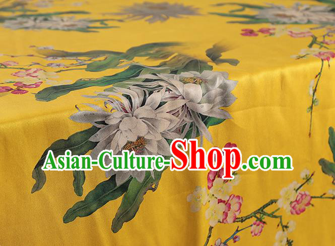 China Traditional Epiphyllum Plum Pattern Yellow Gambiered Guangdong Gauze Classical Cheongsam Silk Fabric