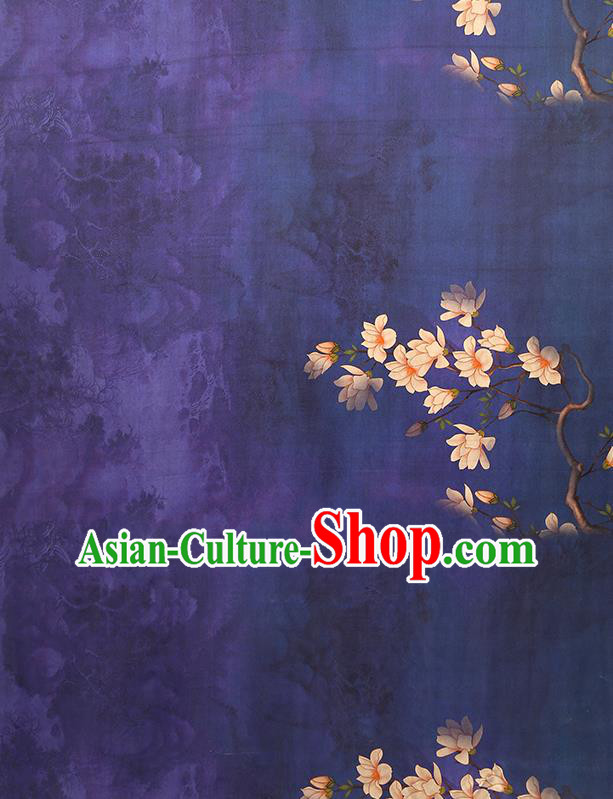 China Traditional Mangnolia Pattern Brocade Classical Cheongsam Deep Purple Silk Fabric Gambiered Guangdong Gauze