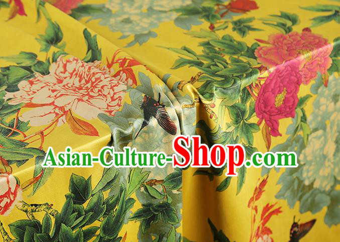 China Classical Peony Pattern Cheongsam Silk Fabric Traditional Yellow Gambiered Guangdong Gauze