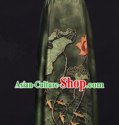 China Traditional Dark Green Brocade Classical Lotus Pattern Qipao Dress Silk Fabric Gambiered Guangdong Gauze