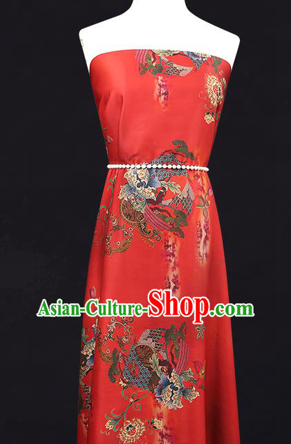 China Gambiered Guangdong Gauze Traditional Red Brocade Classical Flowers Pattern Wedding Dress Silk Fabric
