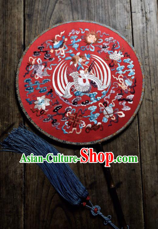 China Handmade Embroidered Crane Palace Fan Ancient Ming Dynasty Circular Fan Traditional Wedding Red Silk Fan