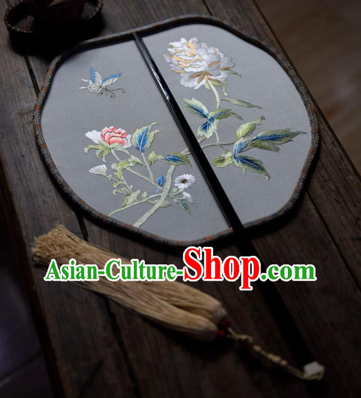 China Traditional Light Grey Silk Fan Handmade Embroidered Butterfly Palace Fan Ancient Song Dynasty Court Fan