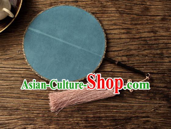 China Ancient Song Dynasty Princess Court Circular Fan Traditional Blue Silk Fan Handmade Lucky Pattern Palace Fan