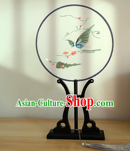 China Embroidered Butterfly Circular Fan Traditional Cultural Dance Silk Fan Handmade Palace Fan