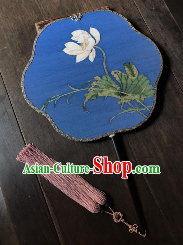 China Ancient Song Dynasty Court Beauty Fan Traditional Lotus Pattern Blue Silk Fan Handmade Palace Fan