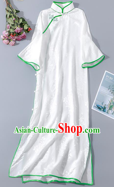 Asian Chinese National Young Lady Clothing Traditional Qipao Dress Classical White Silk Cheongsam