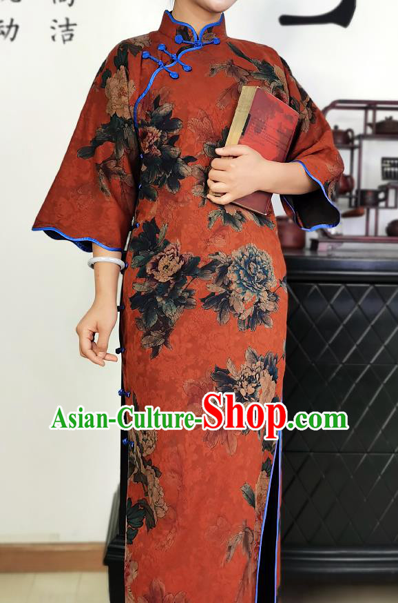 Asian Chinese Traditional Printing Peony Red Silk Qipao Dress Classical Young Mistress Cheongsam Costume