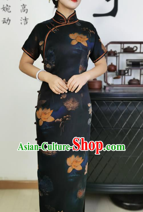 Asian Chinese Classical Young Mistress Cheongsam Costume Traditional Printing Lotus Navy Silk Qipao Dress