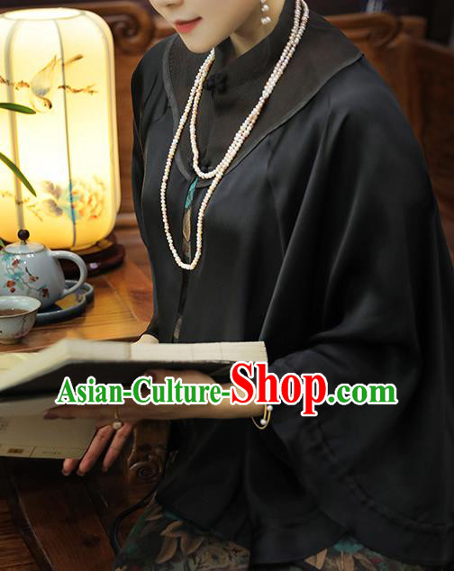 China Traditional Women Tang Suit Outer Garment Classical Black Gambiered Guangdong Gauze Cloak