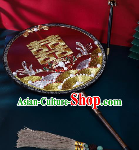 China Handmade Wedding Red Silk Fan Bride Pearls Palace Fan Traditional Cultural Dance Circular Fan