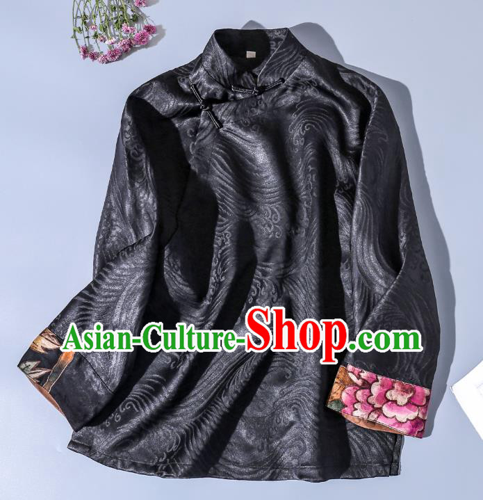 China Traditional Tang Suit Upper Outer Garment Classical Hand Painting Peony Black Silk Blouse