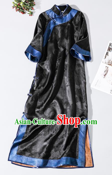 Asian Chinese Classical Black Silk Cheongsam Clothing Traditional Qing Dynasty Imperial Consort Qipao Dress