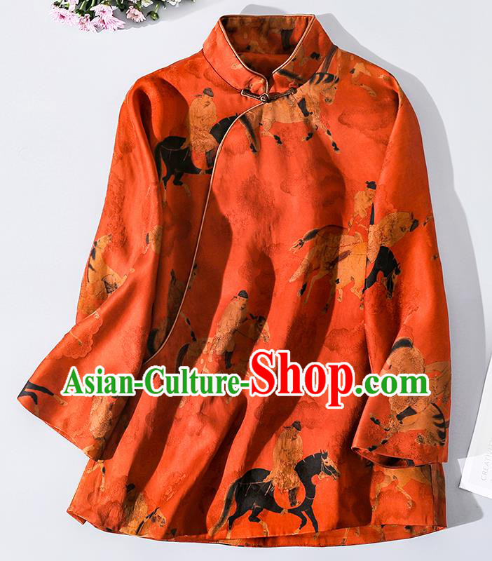 China Classical Song Dynasty Jiju Painting Pattern Red Silk Shirt Traditional Tang Suit Upper Outer Garment